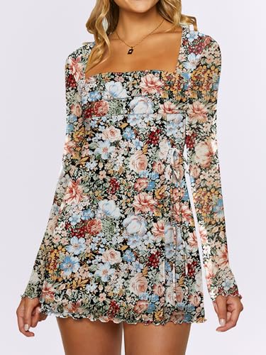 Image of Caracilia Womens Sexy Mesh Ruched Mini Dresses Long Sleeve Square Neck Tie Fall Club Party Cocktail Short Dress 2026 Fashion