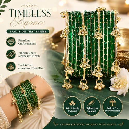 Image of JPS 16 Pcs Trendy Stylish Glass & Kashmiri Ghungroo Bangles Set for Women & Girls | Gold-Plated Traditional Festive Wedding Party Jewellery Chudi Set (12 Glass + 4 Metal)