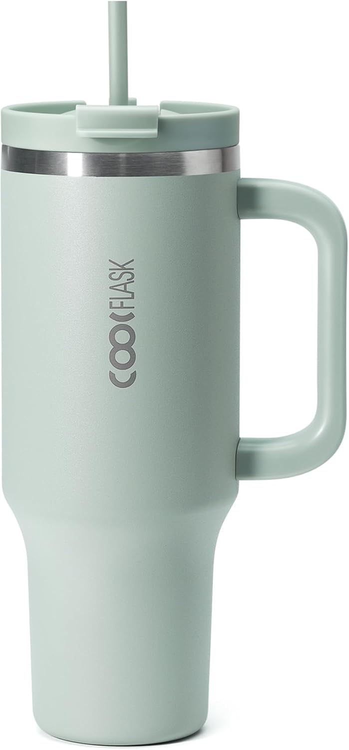 Coolflask 40 oz Tumbler with Lid and Straw, Water Tumbler Insulated with 2-in-1 Leak-proof Lid, Coffee Tumbler Travel Mug Stainless Steel for Cup Holder, Keep Cold for 24H/Hot for 12H, Green