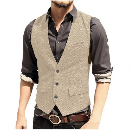 Men Vintage Suits Vest Casual Business Waistcoat Western Herringbone Vests with Pockets Wedding Groomsmen Blazer Vest