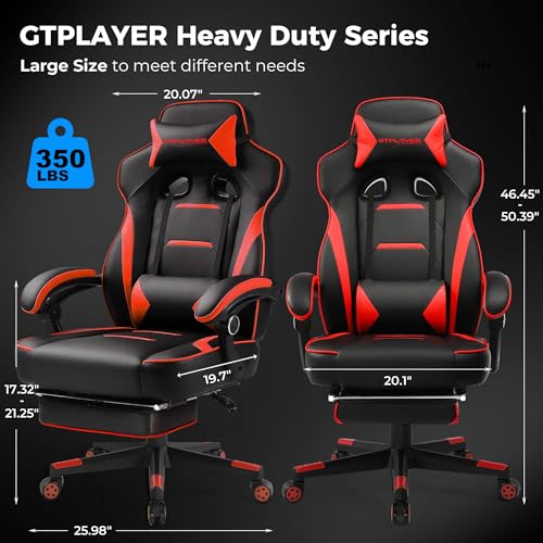 GTPLAYER Gaming Chair with Footrest, Big and Tall Game Chair 350lb Racing Style Computer Chair, Ergonomic Executive Office Chair High Back with Lumbar Support and Recliner, Red