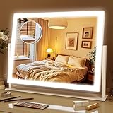 ROLOVE Lighted Makeup Mirror 16.3"x12.6", Hollywood Vanity Mirror with 10X Magnifier, 3 Color LED Lighting Modes, Smart Touch Control & 360° Rotation, Tabletop Makeup Mirror (White, Gift Ready)