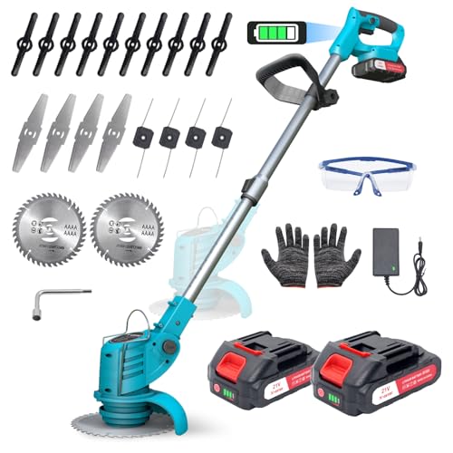 Desbrozadora Bateria, Desbrozadoras con 2 x 1500 mAh Baterías, Desbrozadora Electrica 800W, Cortadora de Césped Inalámbrica con 4 Tipos de Cuchillas, 9 000 RPM y Motor, Mango Telescópico 71-106 cm