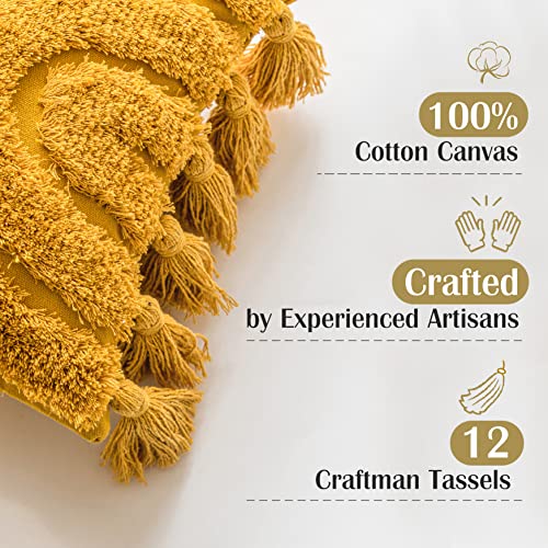 Foindtower Gorgeous Half Moon Accent Boho Tufted Decorative Throw Pillow Cover, Cozy Bohemian Design Cotton Lumbar Cushion Cover | Tassels Pillow Case For Couch Chair Bed 12"X 20" Mustard Yellow #TOP3