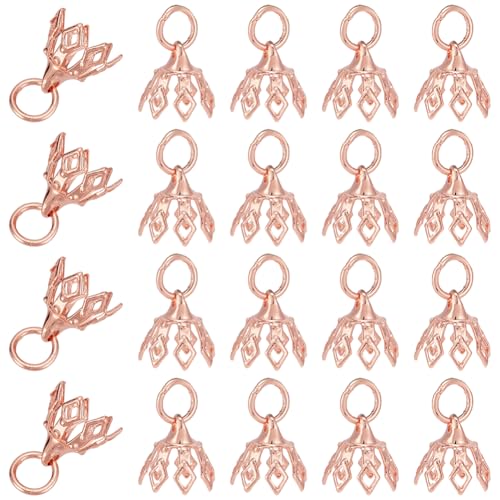 CRAFTYMELODY 70Pcs Flower Bead Cap Rose Gold Brass Filigree Bead End Cap Bails Topper with Loop 7 Prong Charm Connector for Jewelry Making Accessory Supplies Earring Bracelet Necklace DIY Craft