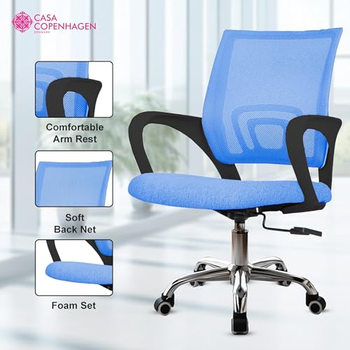 Image of Casa Copenhagen Mesh Mid Back Office /Study /Computer /Revolving /Desk Chair for Work from Home -Metal Base, Height Adjustable Seat - Blue & Black Handle