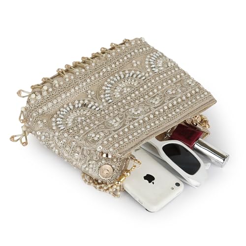 Image of Nevis Stylish Embroidery Unique Design Traditional Wedding Party Handheld Potli Bag For Women (GOLD)