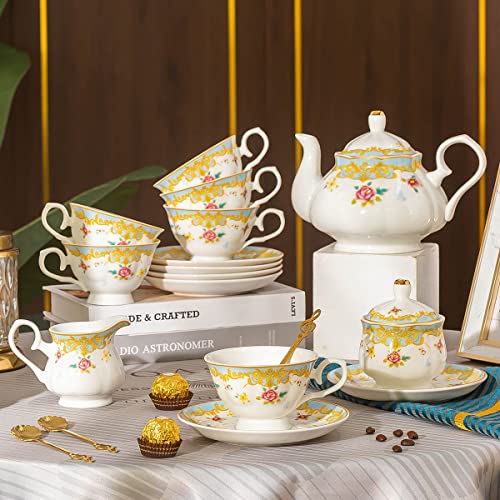 Daveinmic 21 Piece Porcelain Tea Set,British Royal Tea Sets For Women,Floral Tea Gift Sets With Teapot,Teacups,Saucers,Spoons,Sugar Bowl And Creamer Pitcher,Tea Service Set For Home And Party #TOP1