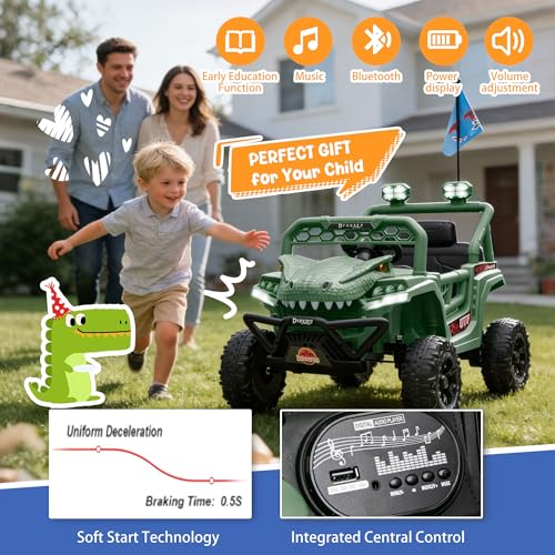 Fancyjoy 12V Dinosaur Ride On UTV, Kids Electric Vehicle with Parent Control, 3 Speeds,6 LED Lights, Shock Absorption,Bluetooth,Music,Sharp Claws & Fierce Eyes, Ride On Toys for Toddler(Green)