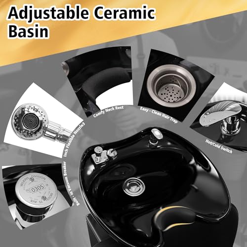 Image of KIGOTY Hair Washing Station w /Ceramic Bowl,Salon Shampoo Bowl and Chair Set | Black,Barbershop Beauty Spa Equipment, PU Leather,440lbs,Neck Rest,Large Ceramic Bowl, Shampoo Backwash Unit Porcelain Sink