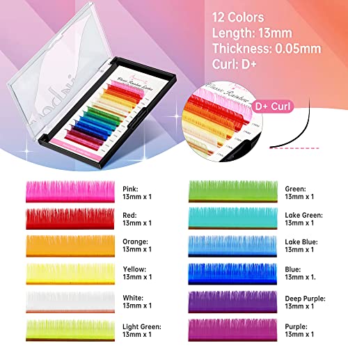 Individual Colored Lash Extensions 12 Colors,0.05mm D+ Curl Rainbow Eyelash 13mm,Pink Red Yellow White Green Blue Purple Faux Mink Russian Lashes Beauty7 - Image 2