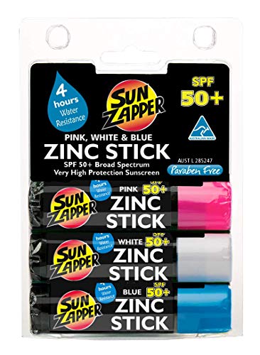 Sun Zapper Zinc Oxide Sun Block - Pink, White & Blue - SPF 50+ - Very High Sun Protection Waterproof Sunscreen/Sunblock for Face & Body Beach Shield. Adults, Kids, Baby & Travel Size Stick.
