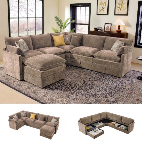 Image of Ihanherry Oversized Modular Sectional Sofa with Storag, 6-Seater V Shaped Cloud Couch with Movable Ottomans, Chenille Deep Seat Corner Couches for Living Room (Brown)