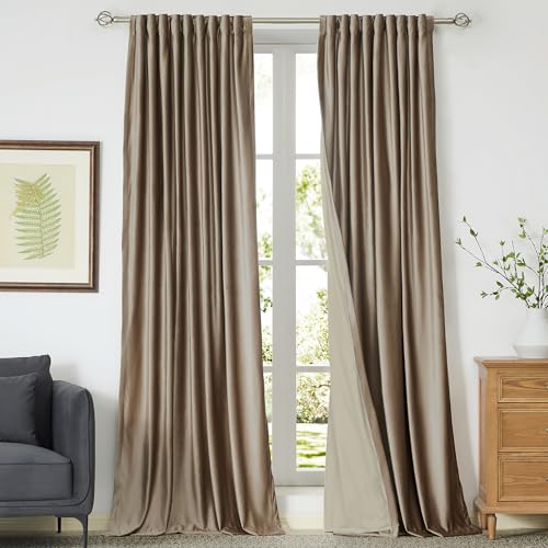 Image of PRIMROSE Blackout Taupe Velvet Curtains 102 inch Long for Living Room,2 Panels Liner Rod Pocket Back Tab Thermal Window Curtain Drapes Room Darkening Heavy Decorative Curtains for Bedroom