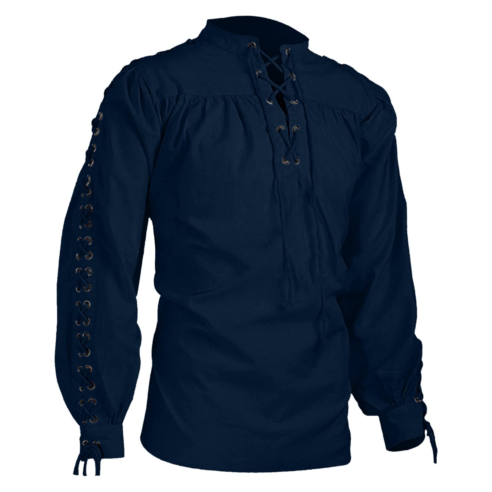 Men's Medieval Pirate Shirt - Retro Renaissance Gothic Steampunk Vibe, Long Sleeve Lace Up Closure, Victorian-Inspired Pullover Top Navy