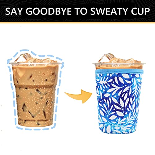 Image of YR Reusable Neoprene Insulator Sleeve for Iced Coffee Cups, 3 Pack Coffee Coolies sleeves for Iced & Hot Drinks, Cold Beverage Cooler Compatible with Starbucks Coffee and More (Blue Leaves)