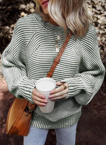 Image of EVALESS Striped Sweaters for Women Boat Neck Batwing Sleeve Oversized Pullover Sweater Tops Womens Fall Clothes Outfits