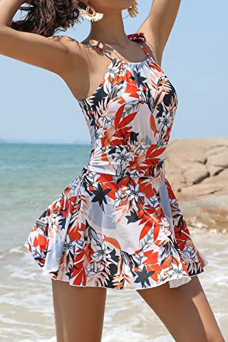 SHEKINI Women's High Neck One Piece Swimdress Floral Swim Dress Bandage Swim Skirt3