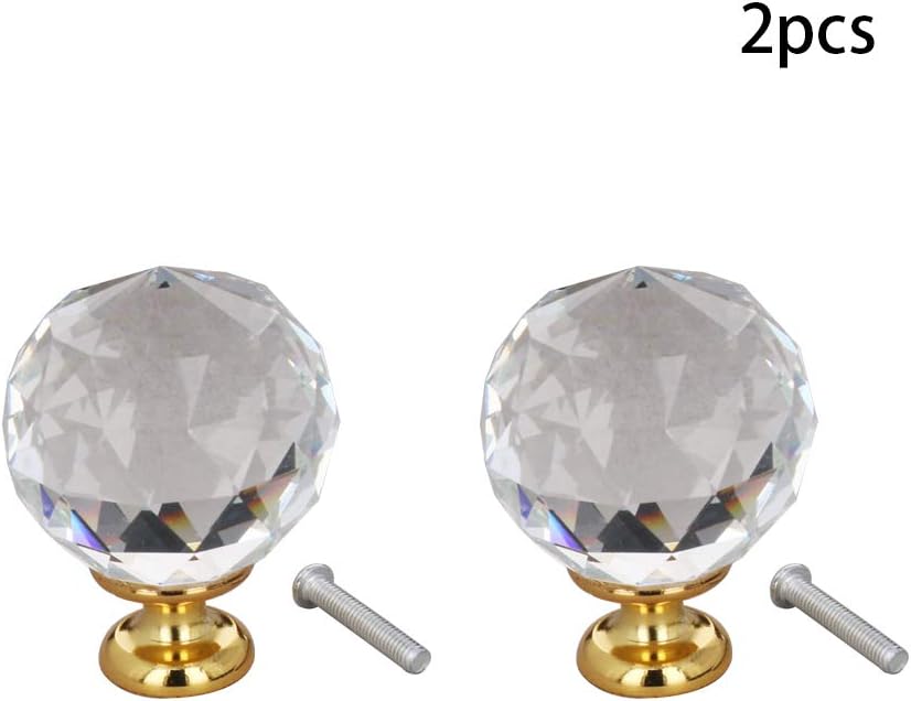 Auniwaig Round Diamond Crystal Cabinet Knobs Pull Handle Clear Glass for Cupboard Drawers Cabinet Dresser Bookcase Wardrobe, 40mm/1.6 inches Dia, Zinc Alloy in Golden Color, 2Pcs
