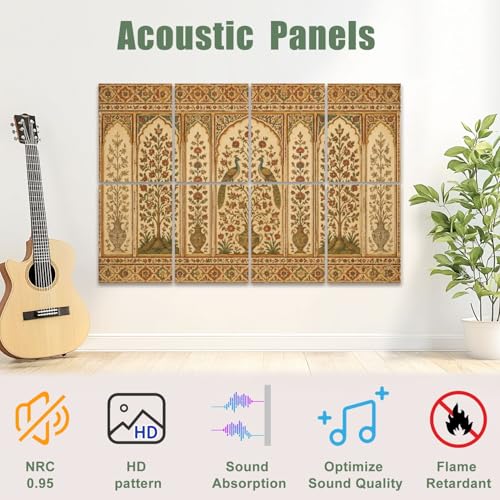 Paquete de 8 paneles acústicos decorativos artísticos, absorbentes de sonido, estilo antigüo con diseño floral y simétrico, autoadhesivos para estudios de grabación y oficinas 48"x32" miniatura 3