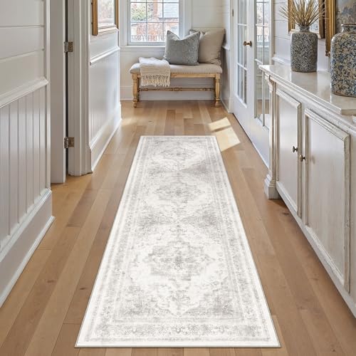 Runner Rug 2x7 Washable Light Gray Hallway Runner Vintage Boho Medallion Non Slip Grey Distressed Retro Carpet Indoor Low Pile Long Soft Rug for Kitchen Entryway Bedroom Bathroom Laundry