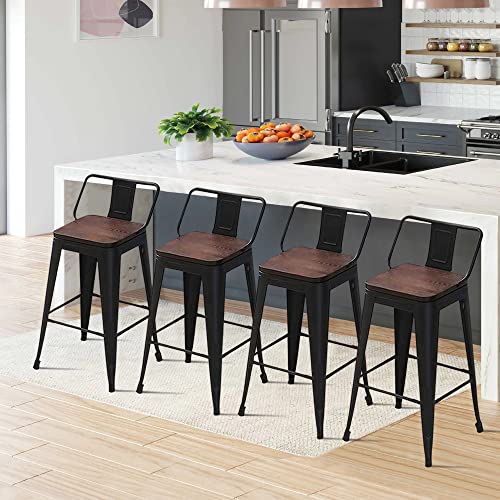 Haobo Home 24" Low Back Metal Counter Stool Height Bar Stools With Wooden Seat [Set Of 4] Barstools, Matte Black #TOP1