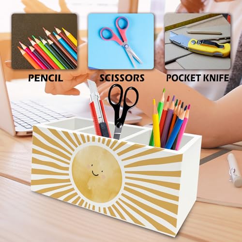 Image of Boho Yellow Sunshine Pen Pencil Holder Organizer for Desk, Cute Smile Groovy Sun Sunshine Wooden Box Signs Decorations for Kids Room Home Classroom Desk Tabletop