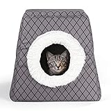 WIMCO® Katzenbett Katzenhöhle | grau kariert | mit Flauschigen Innenkissen | waschbar | Faltbare 2 in 1 Funktion | Katzenkorb + Kuschelhöhle | mit Schaumstoff gepolstert