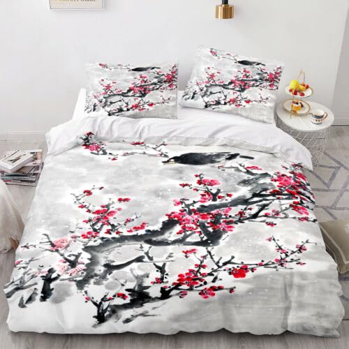 Housse de Couette 240 x 260 Sans Repassage Parure de Lit Anti-Pli Fleurs Grises