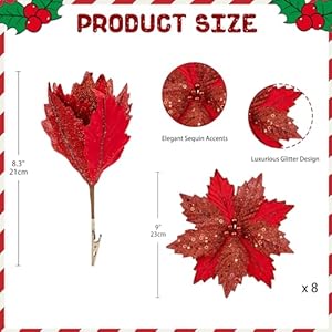 Briful 9'' Poinsettias Artificial Christmas Flowers 8PCS Silk Christmas Floral Picks and Sprays Large Red Poinsettias Flowers with Clips for Xmas Tree Vase Arrangement Wreath Decor Briful 9 Poinsettias Artificial Christmas Flowers 8PCS Silk Christmas Floral Picks and Sprays Large Red Poinsettias Flowers with Clips for Xmas Tree Vase Arrangement Wreath Decor