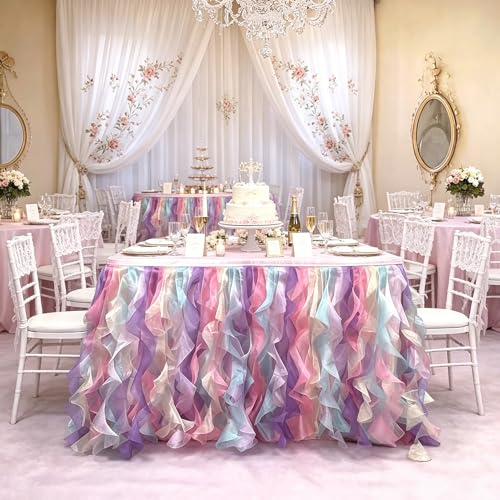 Image of Luxury Organza Mesh Table Skirt Draping Floating Romance - Perfect for Bridal Showers, Birthday Weddings - Clear Flowing Decoration for a Wonderful Main Cake Table (Colorful-9ft, 108 inchLx30 inchH)
