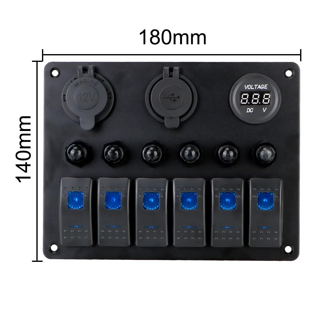 12 V, 24 V, 6 przycisków, panel przełączania samochodowego, 15 A, bezpiecznik, wyłącznik obwodowy, woltomierz, światło przełączane, ładowarka USB 3.0, rozdzielacz samochodowy (6 biegów, czerwony)