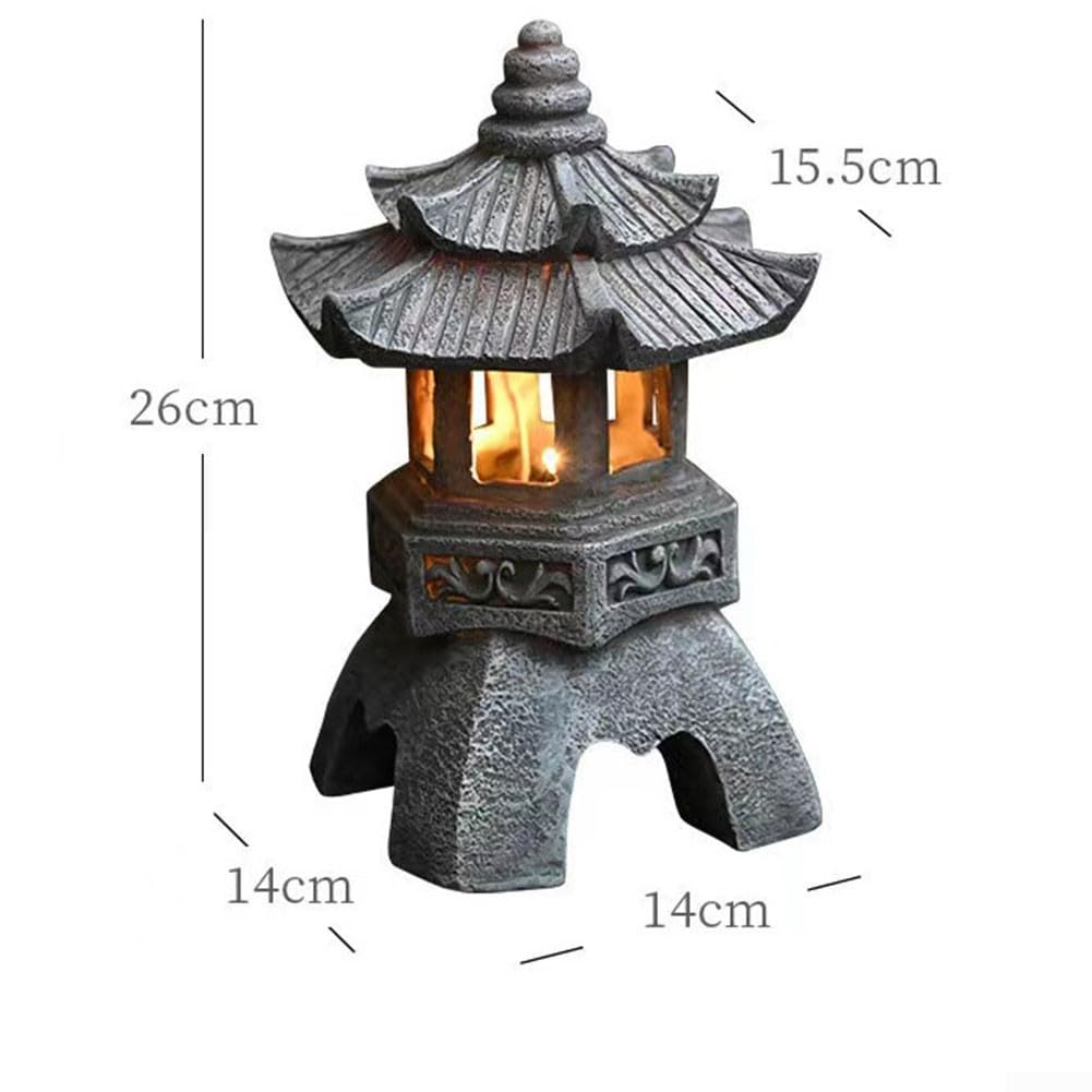 Farol solar de resina para la pagoda, estatua de jardín, resistente a la intemperie, adorno de luz de torre china para patio, pasarela, auto en decoración zen, gris, 26 cm (parte superior)