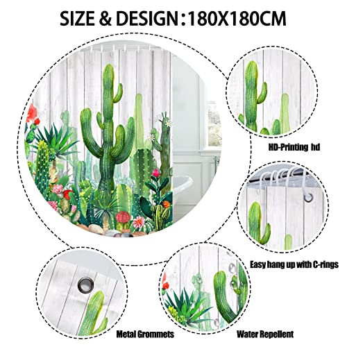 Leitingya Cactus Shower Curtain, Tropical Succulent Plants Floral Shower Curtain, Desert Wooden Shower Curtains For Bathroom, Waterproof Shower Curtain Set 12 Hooks Included -72X72 Inch #TOP4
