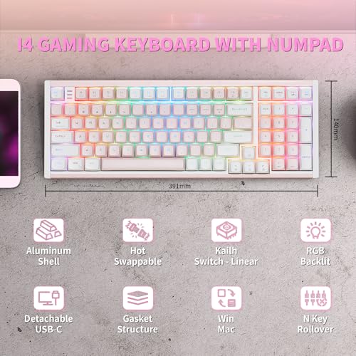 Image of Hexgears I4 Mechanical Keyboard with Number Pad, Aluminum Gaming Keyboard Kailh Tactile Switch, RGB Backlight, PBT Keycaps, Hot Swappable for Windows /Mac OS (Pink-White)