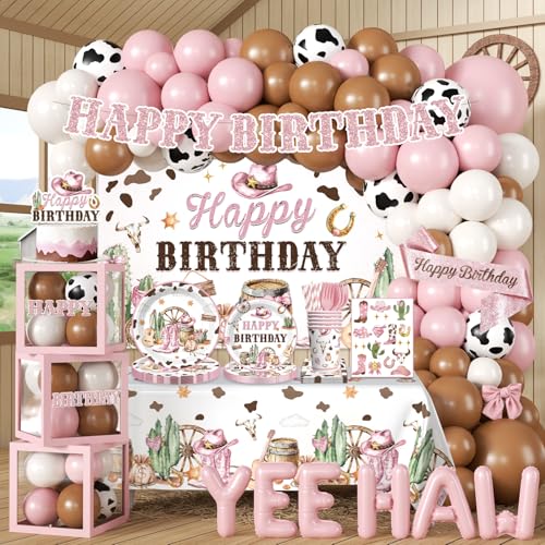 cocomigo Western Cowgirl Birthday Party Decorations for 25 Guests 307PCS All-in-One Pink & Brown Cow Print Western Party Decorations for Girl with Balloons Plates Tablecloths and Centerpieces