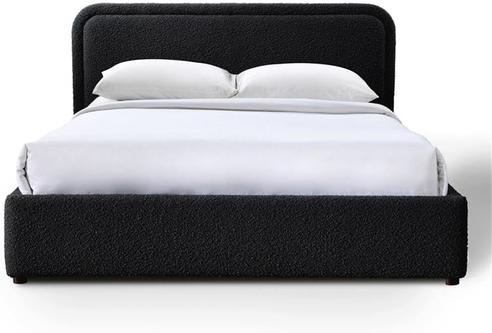 Pemberly Row Upholstered Platform Queen Bed, Black Boucle Fabric, Rounded Headboard, Solid Wood Legs, 39.4" H x 70.1" W x 86.2" D, Mattress Support Included, Modern Bedroom Furniture