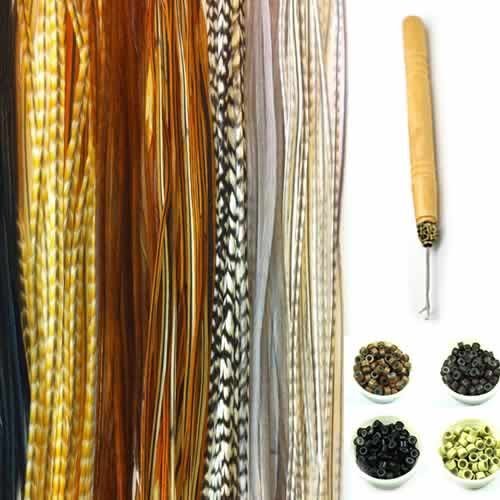 Feather Hair Extension Kit – 21 Piece Set, 10 Long Genuine Feathers Ranging from 7 to 11 Inches, Includes 10 Micro Beads & Hook Tool (Colors Chosen