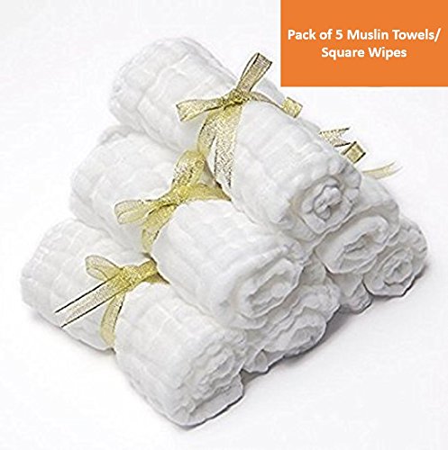Image of Baby Muslin Washcloth Cotton Baby Wipes Cum Face Towel, 5 Pack 10x10 inches - White