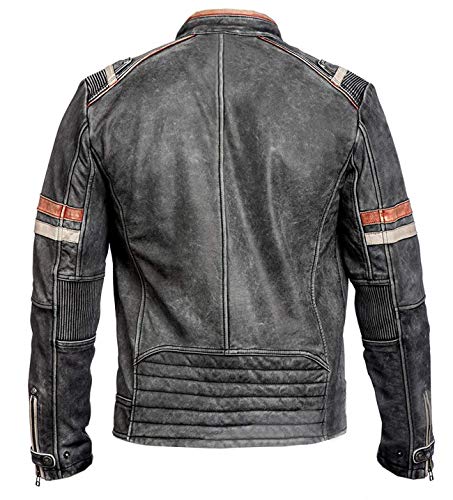 Cafe Racer Jacket Distressed Moto Vintage Black Motorcycle Faux Leather Outerwear - Thumbnail 2