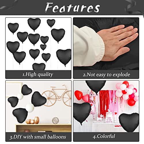 Image of Foil Heart Balloons - 10 Black Heart Shaped Balloons, 18inch Metallic Foil for Valentines Day, Wedding, Birthday, Halloween Party