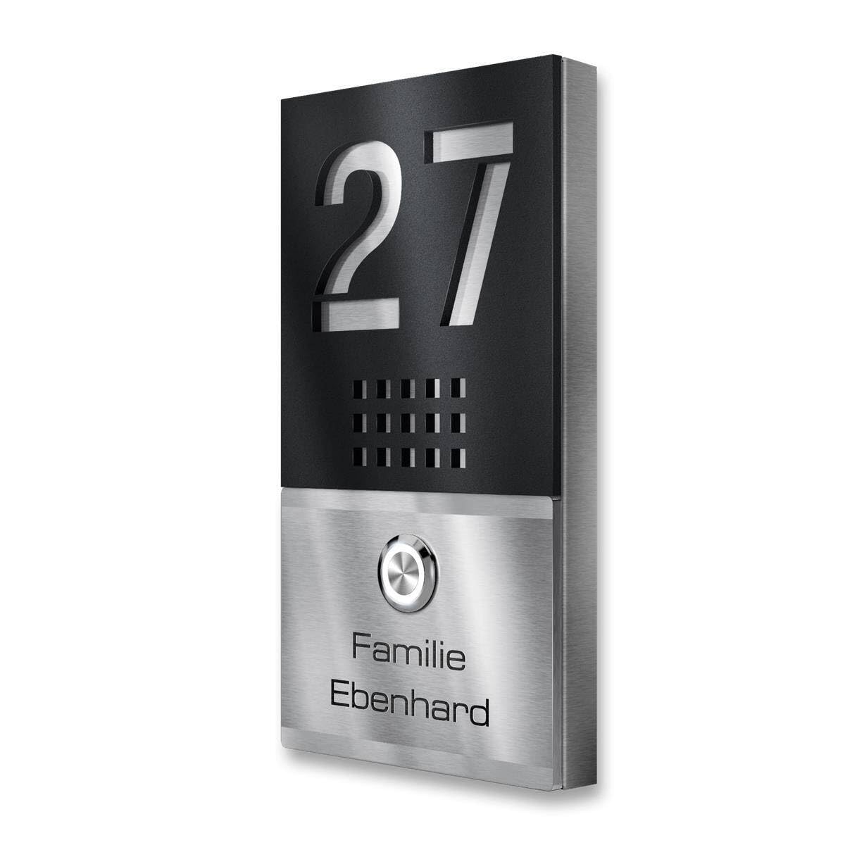 Metzler campanello wireless acciaio inox V2A pulsante porta ingresso incisione personalizzata montaggio a parete nero RAL 9005 portata 200m impermeabile IP67 batteria A23 inclusa melodie selezionabili
