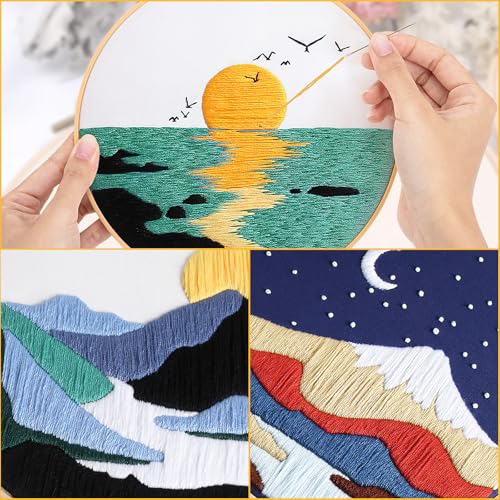 Miniatura 4 de Jsrqt 3 Piezas Kit De Bordado Para Principiantes Adultos Con Patrón De Paisaje, Kit Punto Cruz Kit De Inicio De Bordado, Kit De Bordado Hecho A Mano Con Instrucciones, Aro De Bordado, Aguja E Hilos