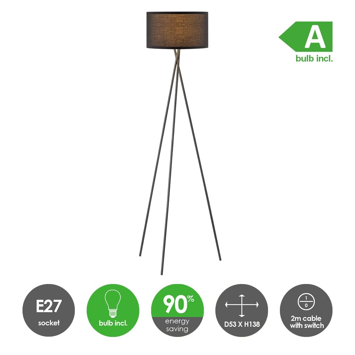 Home sweet Home Dreibein-Stehlampe - Schwarz mit schwarzem Stoffschirm, 138 cm