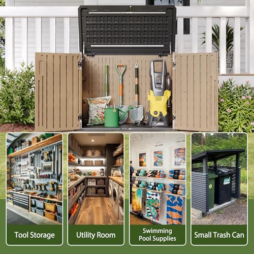 Image of Aoxun Outdoor Storage Cabinet 35 Cu.Ft Outdoor Trash Can Storage Shed Waterproof Horizontal Storage Shed Outdoor Storage for Garbage Bin, Generator, and Lawn Mower,Brown