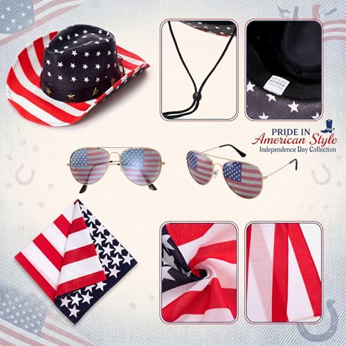 Image of 3 Pcs American Flag Cowboy Hat with Bandana and Glasses Cowboy Hat with Strap Halloween Cosplay Costumes for Masquerade