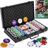 Queensell Pokerset mit 300 Pokerchips (11,5 g) für Texas Hold'em – Profi-Set mit 2 Kartenspielen, großen & kleinen Dealer-Buttons und Würfeln im Aluminiumkoffer
