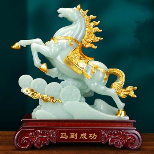 Gold Feng Shui Horse Statue, Lucky Chinese Pony with Yuanbao & Coins for Home & Office Decor, Fortune Ornament Decoration for Wealth Abundance Prosperity & Success (Horse Large) Lmitation Jade Color