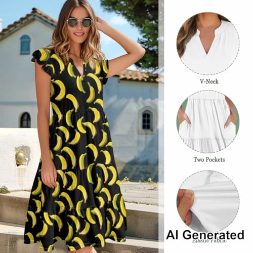 Image of Women's Casual Ruffle Sleeve Dress V Neck Pullover Dress Flowy A-Line Pleated Lightweight Dress with Pockets
