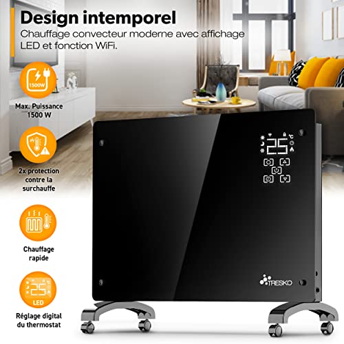 tresko® radiateur electrique mobile avec app & wifi | chauffage electrique mural intelligent | convecteur | radiateurs electriques chauffage au sol ou mural (noir / 1500 w)